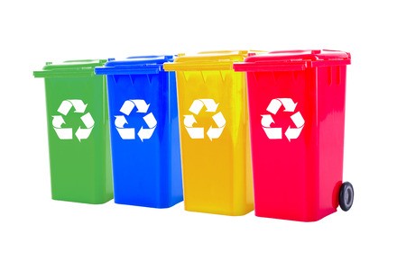 Multicolored recycling bins.