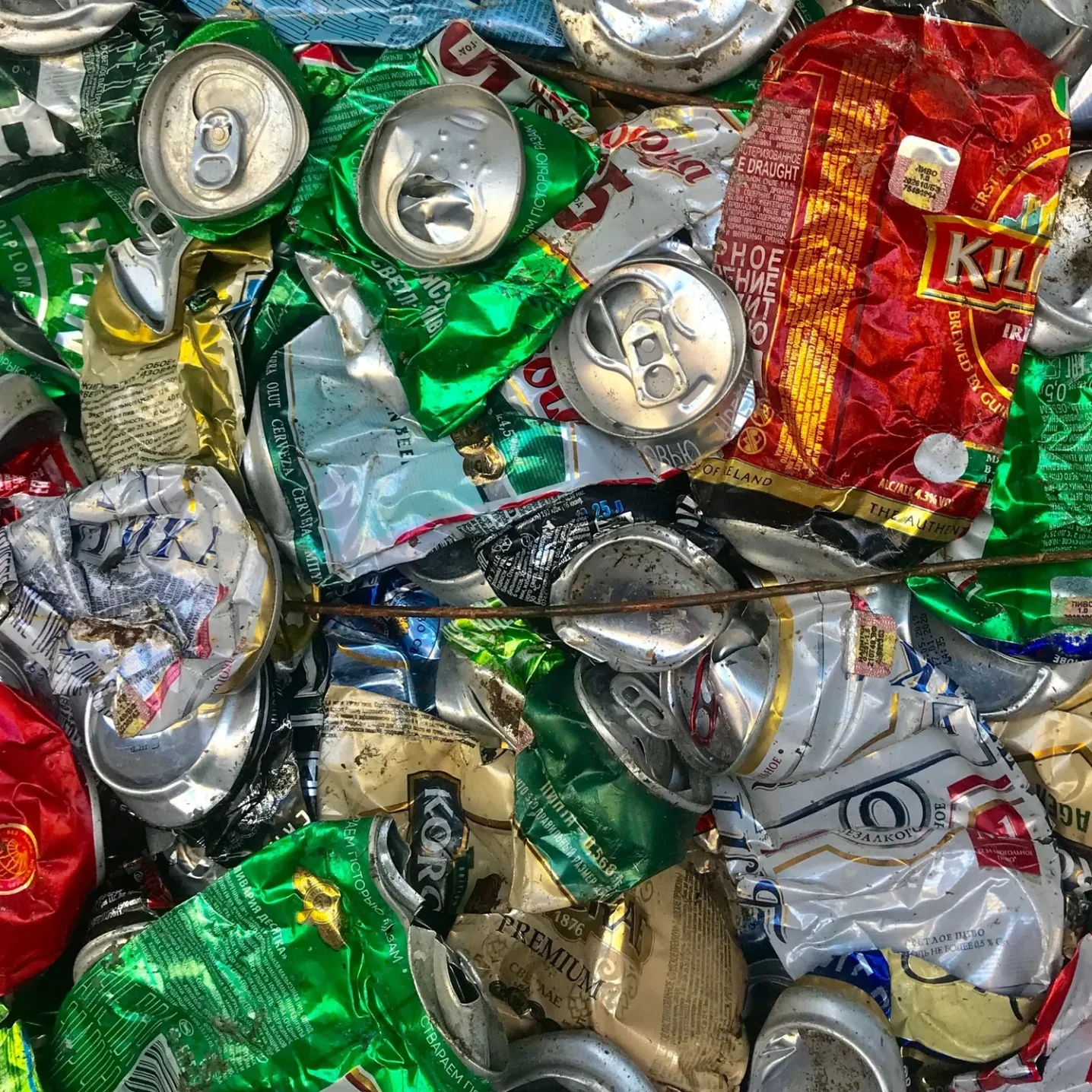 crushed aluminum soda and beer cans