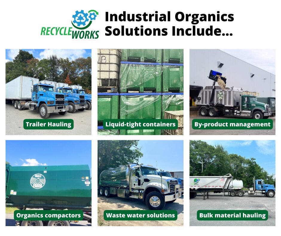 Industrial organics solutions by Recycleworks, Inc. in braintree, ma including trailer hauling, liquid-tight containers, by-product management, organics compactors, waste water solutions, and bulk material hauling